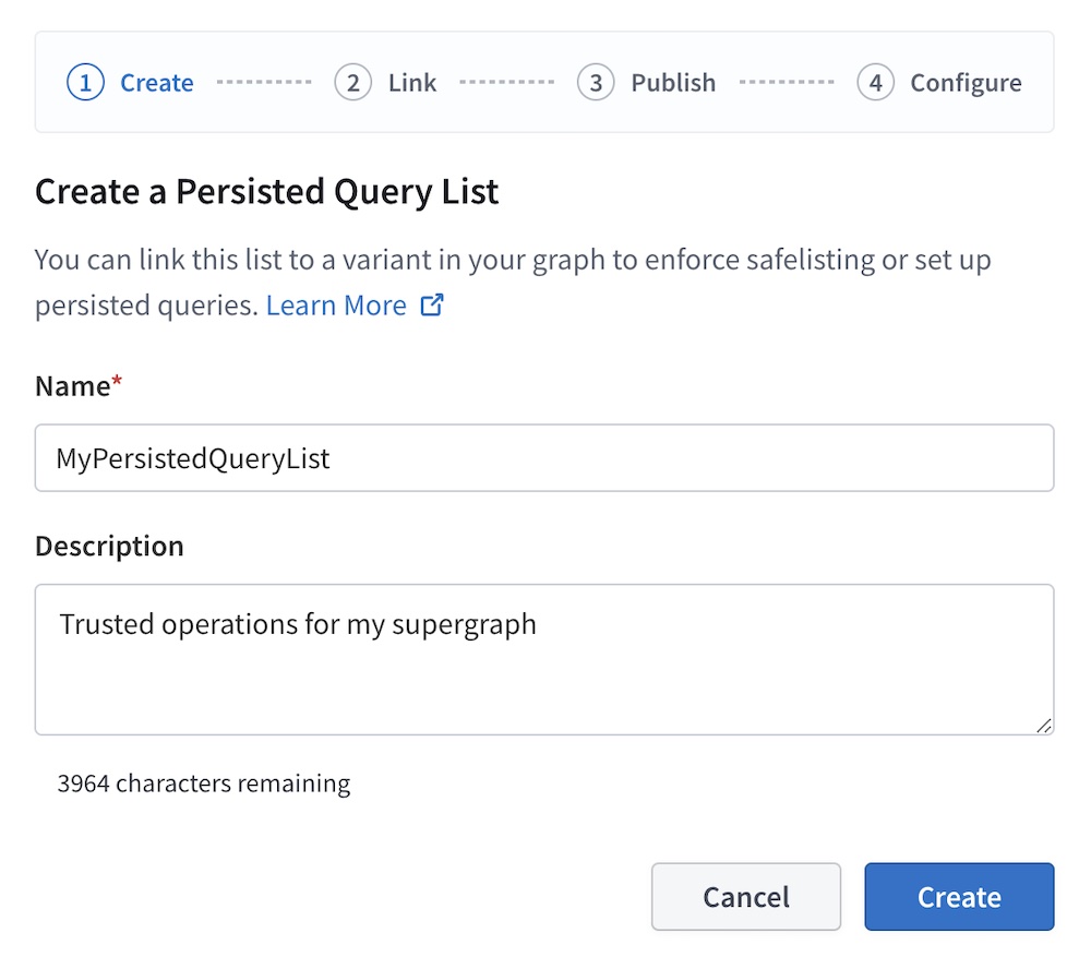 The first step of the PQL creation dialog in GraphOS studio